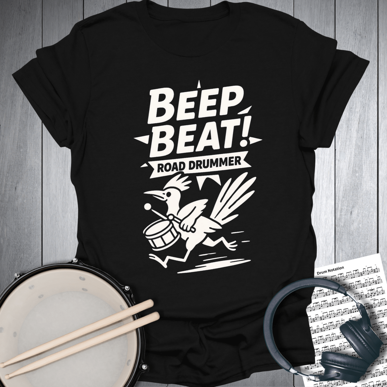 Printify T-Shirt Black / S Beep Beat Road Runner Drummer T Shirt