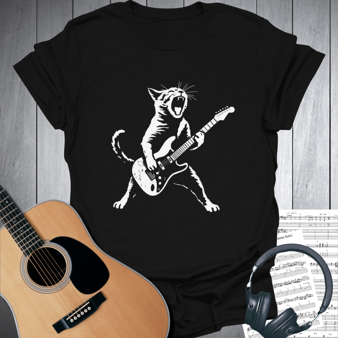 Printify T-Shirt Black / S Cat-chy Riffs Feline Guitar Player T Shirt