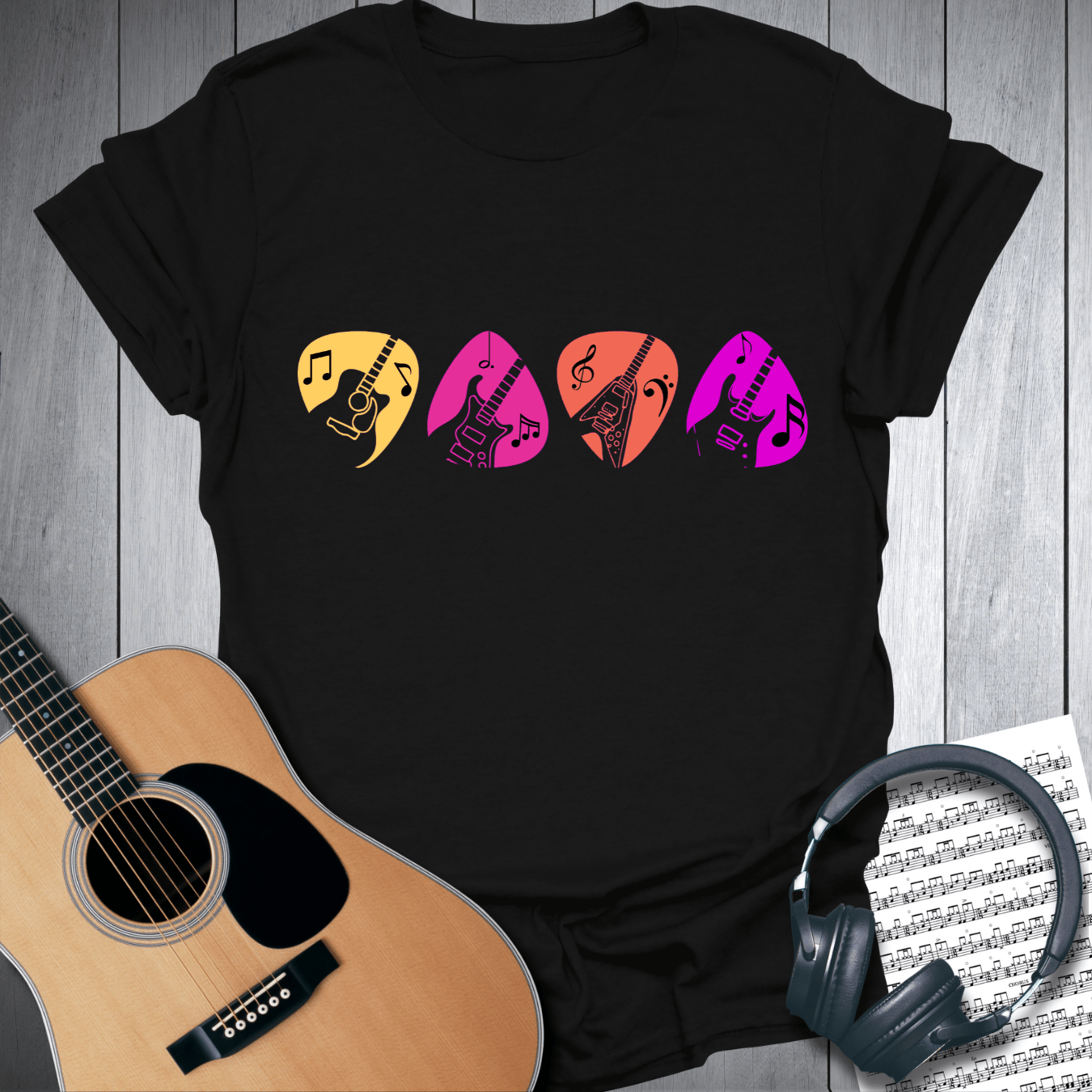Printify T-Shirt Black / S Colorful Guitar Pick Music Graphic T Shirt