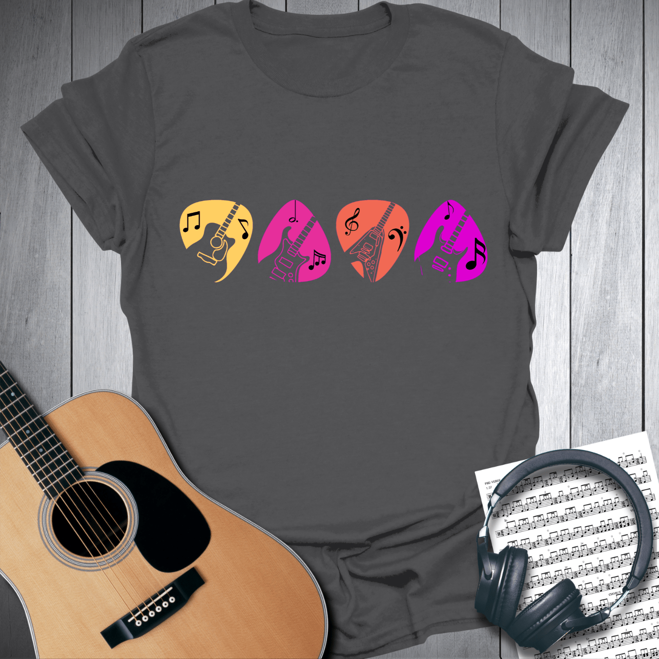 Printify T-Shirt Charcoal / S Colorful Guitar Pick Music Graphic T Shirt