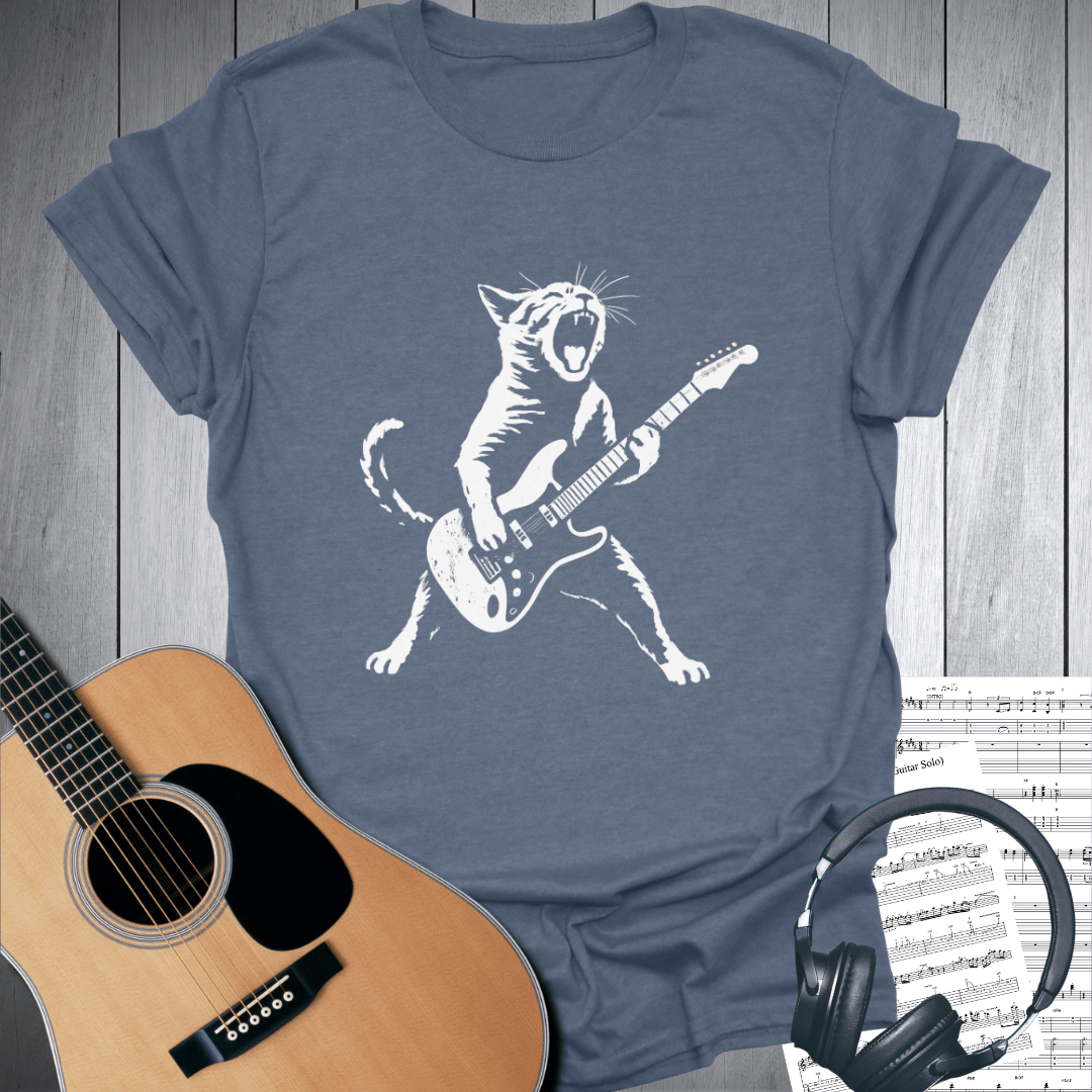 Printify T-Shirt Heather Indigo Blue / S Cat-chy Riffs Feline Guitar Player T Shirt