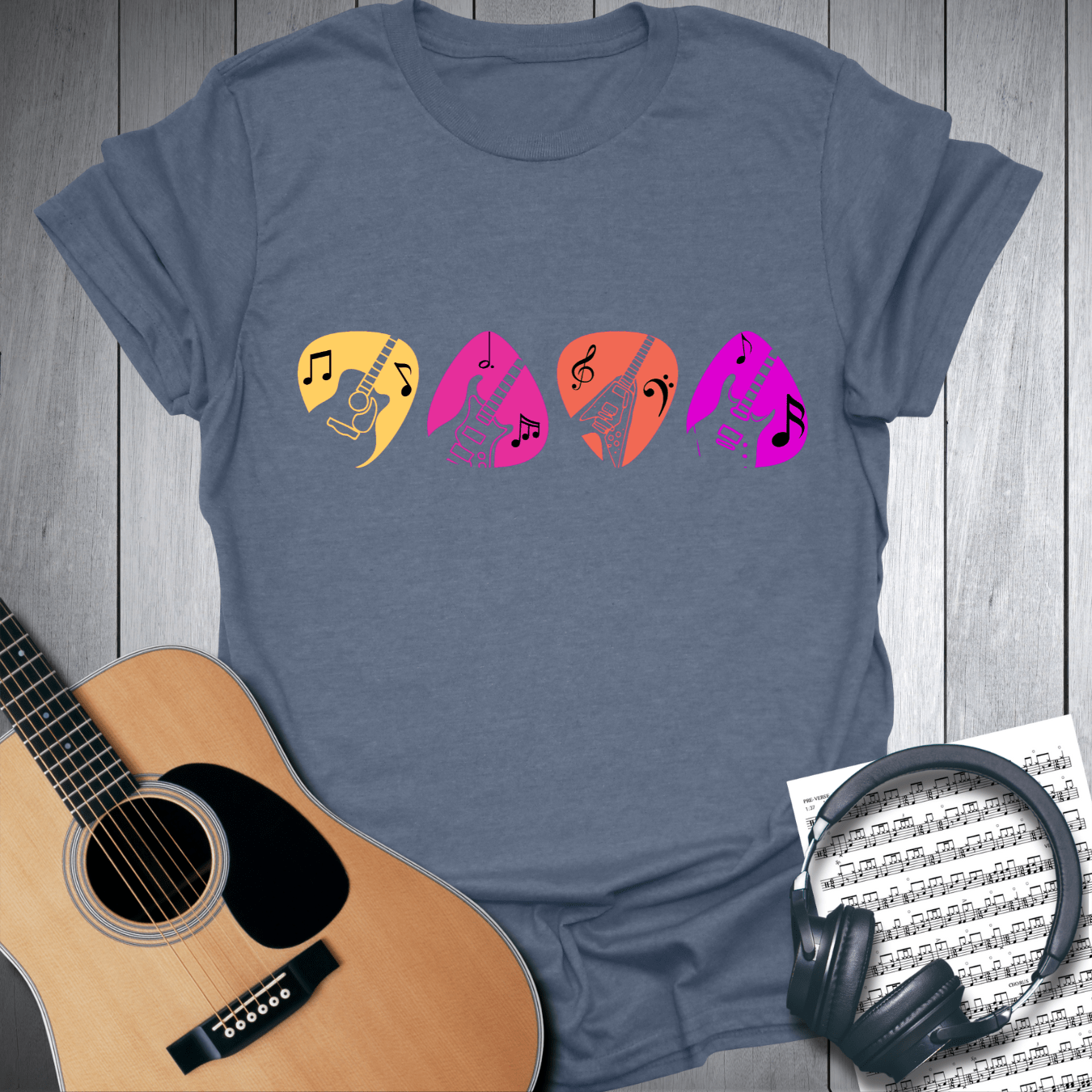 Printify T-Shirt Heather Indigo Blue / S Colorful Guitar Pick Music Graphic T Shirt
