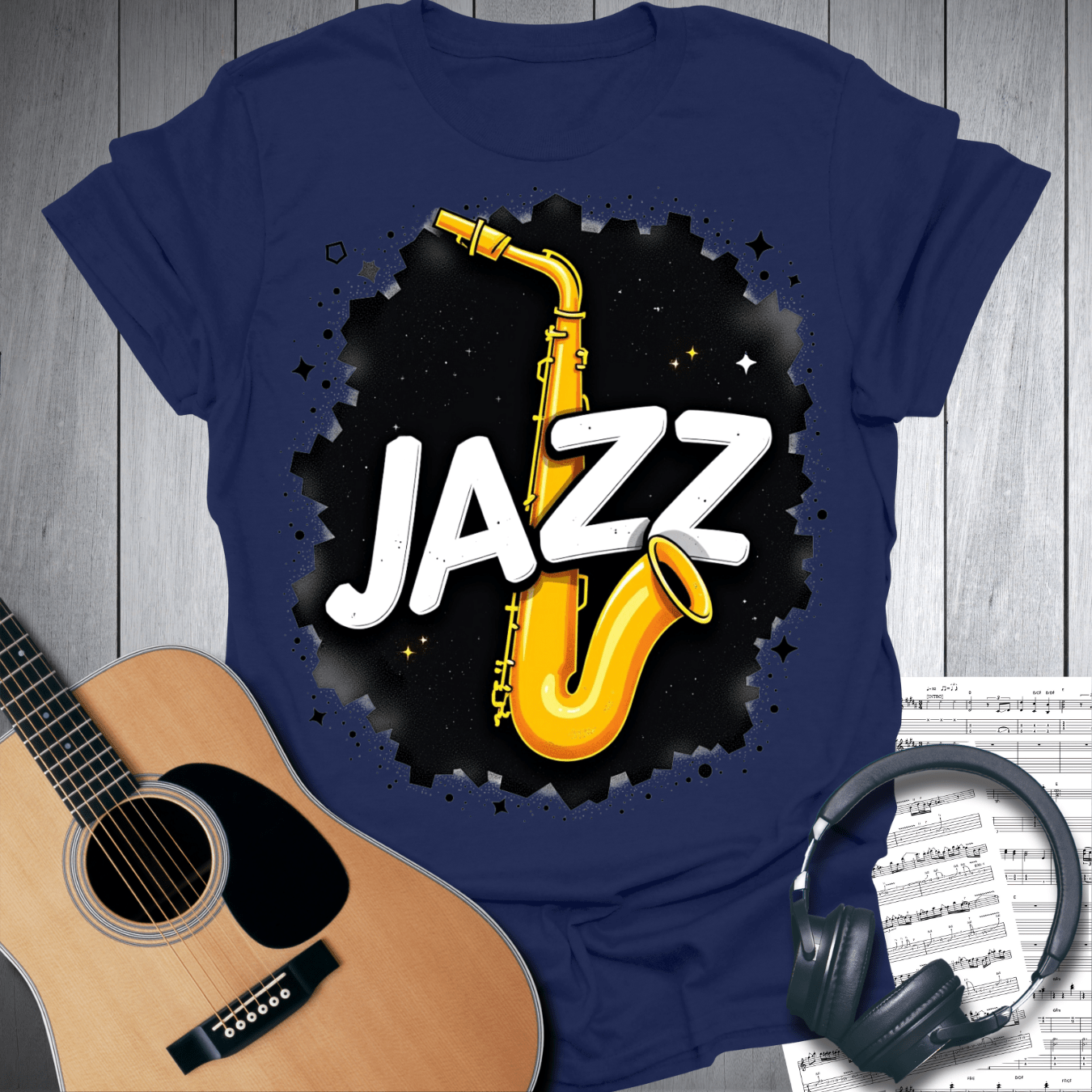 Printify T-Shirt Navy Blue / S Bold Jazz Saxophone T-Shirt