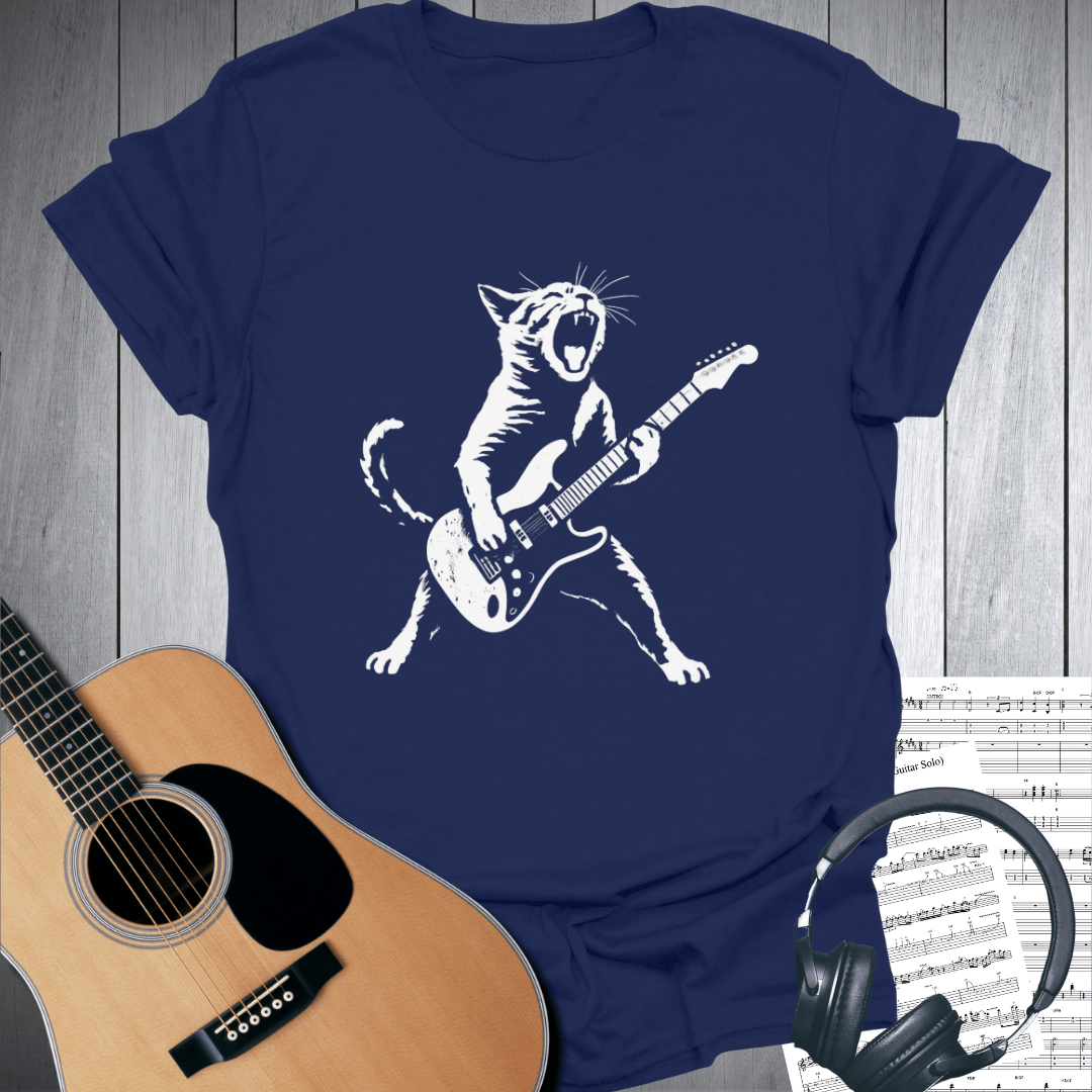 Printify T-Shirt Navy Blue / S Cat-chy Riffs Feline Guitar Player T Shirt