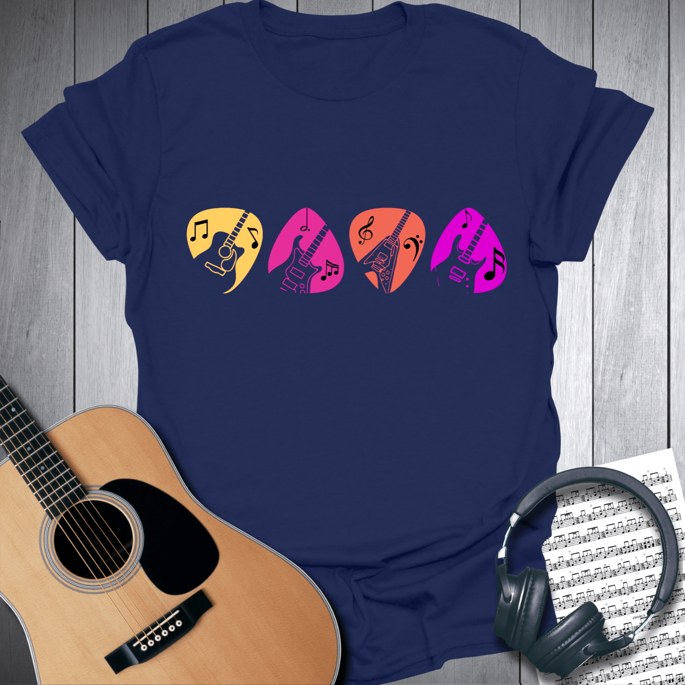 Printify T-Shirt Navy Blue / S Colorful Guitar Pick Music Graphic T Shirt