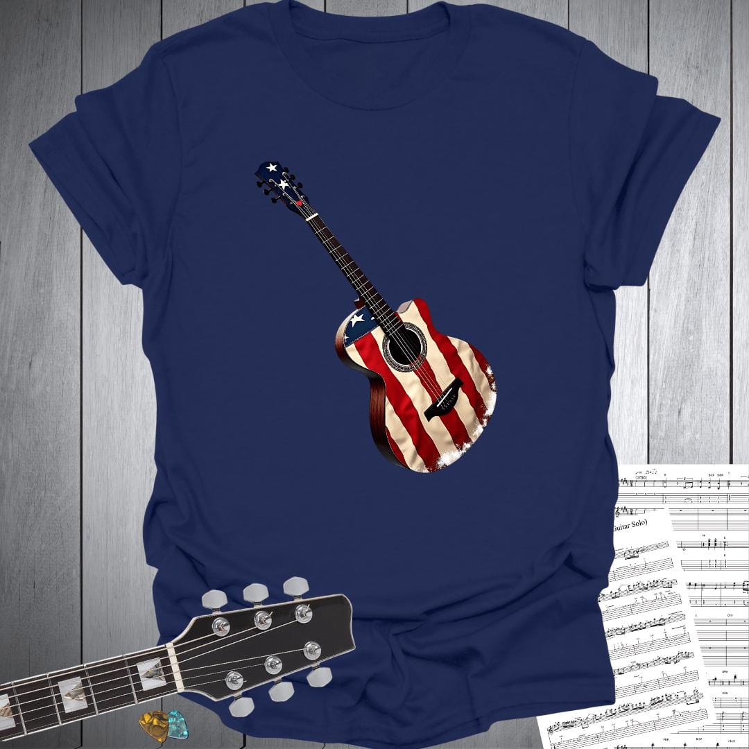 Printify T-Shirt Navy / S USA Flag Acoustic Guitar T-Shirt