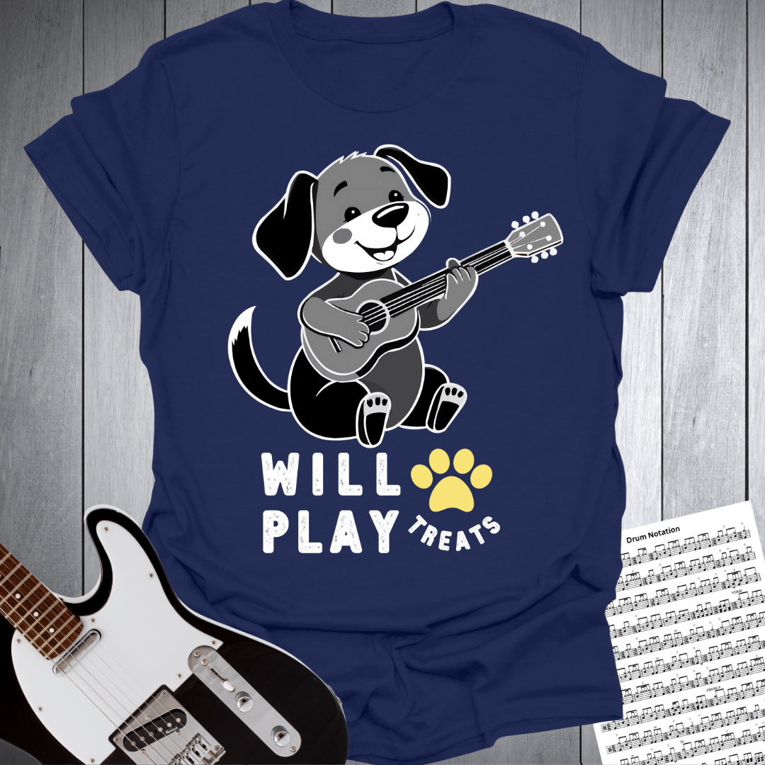 Printify T-Shirt Navy / S Will Play PAW Treats Dog Lover Guitar T-Shirt