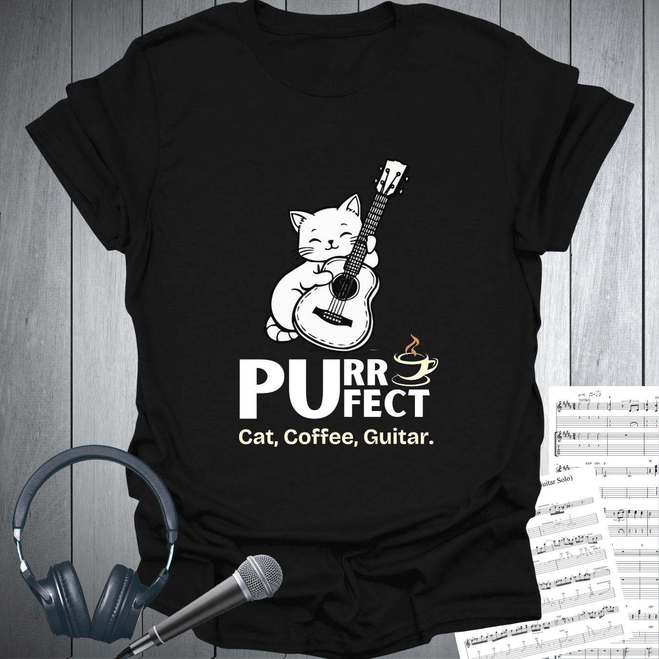 Printify T-Shirt Black / S Purr-fect Cat Coffee & Guitar T-Shirt