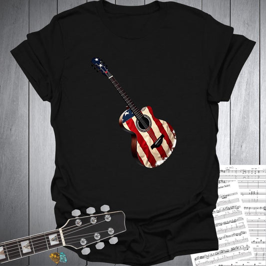 Printify T-Shirt Black / S USA Flag Acoustic Guitar T-Shirt