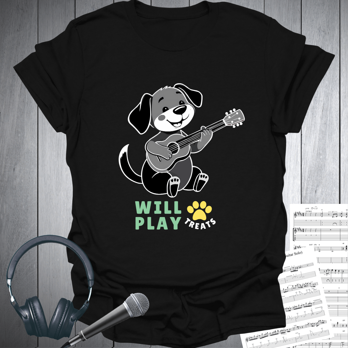 Printify T-Shirt Black / S Will Play PAW Treats Dog Lover Guitar T-Shirt