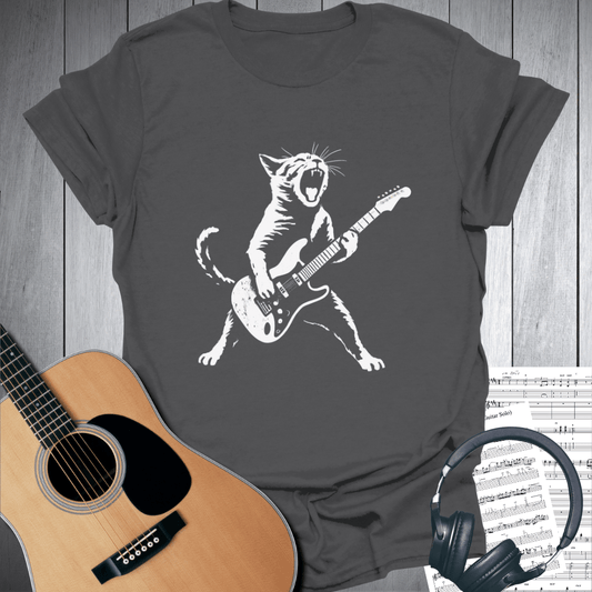Printify T-Shirt Charcoal / S Cat-chy Riffs Feline Guitar Player T Shirt
