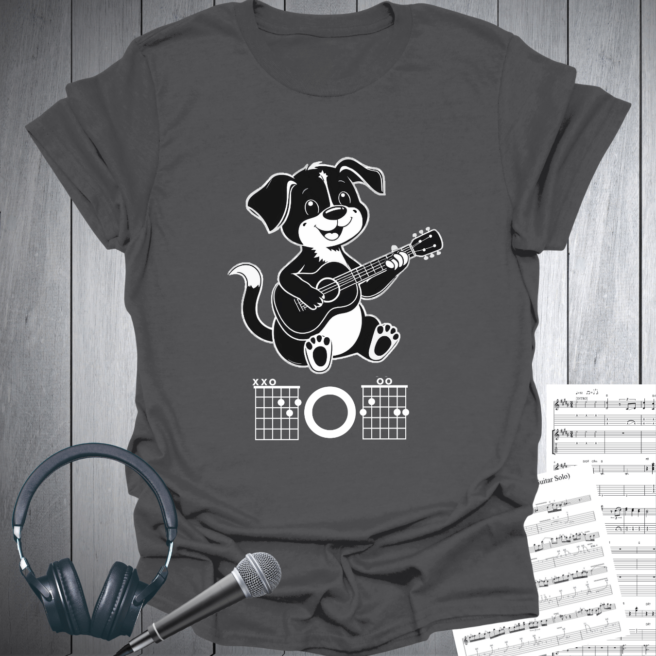 Printify T-Shirt Charcoal / S Cute Dog Playing Guitar Chords T-Shirt