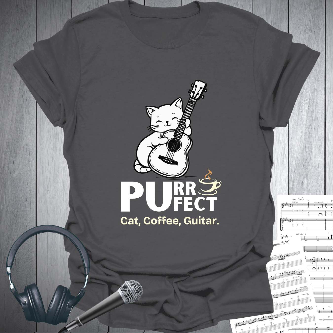 Printify T-Shirt Charcoal / S Purr-fect Cat Coffee & Guitar T-Shirt