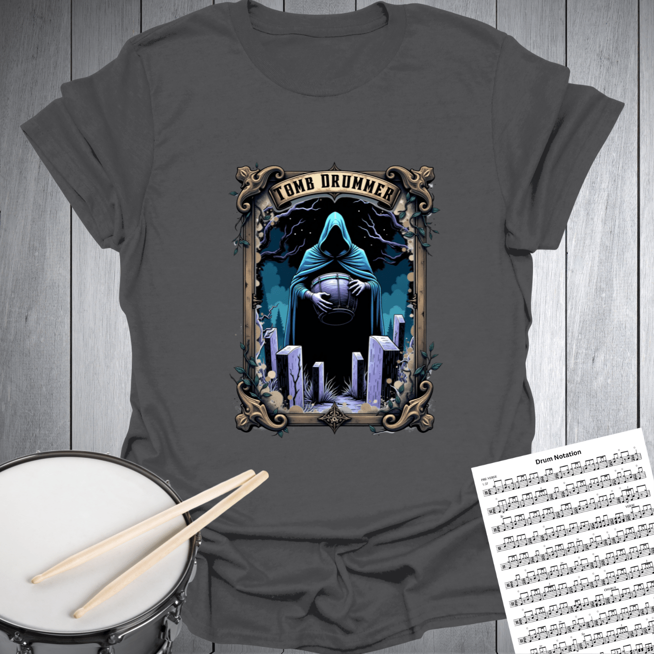 Printify T-Shirt Charcoal / S Tomb Drummer Music Tarot Card T-Shirt