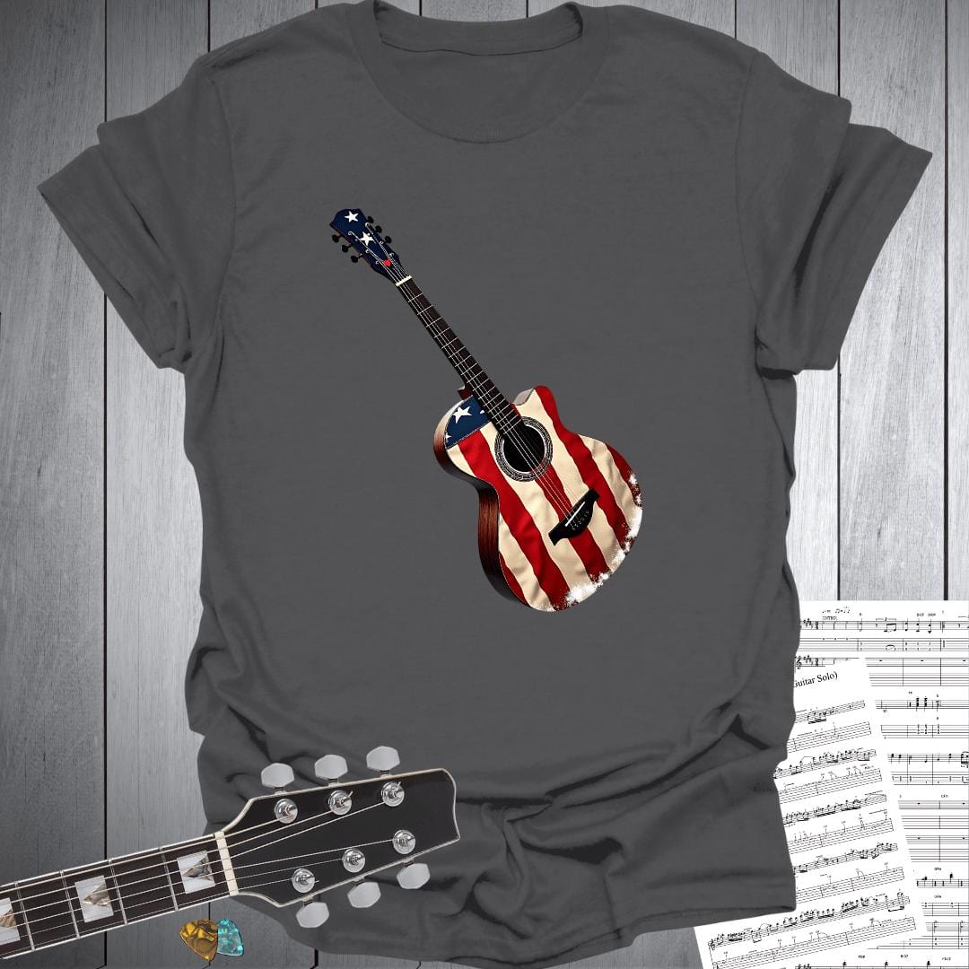 Printify T-Shirt Charcoal / S USA Flag Acoustic Guitar T-Shirt