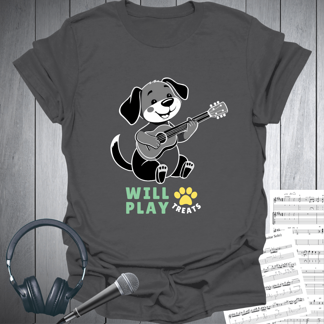 Printify T-Shirt Charcoal / S Will Play PAW Treats Dog Lover Guitar T-Shirt