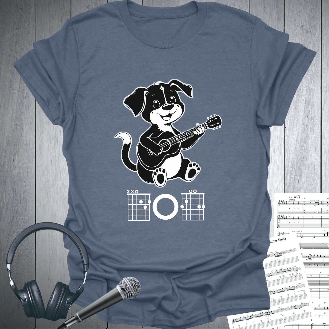 Printify T-Shirt Heather Indigo / S Cute Dog Playing Guitar Chords T-Shirt