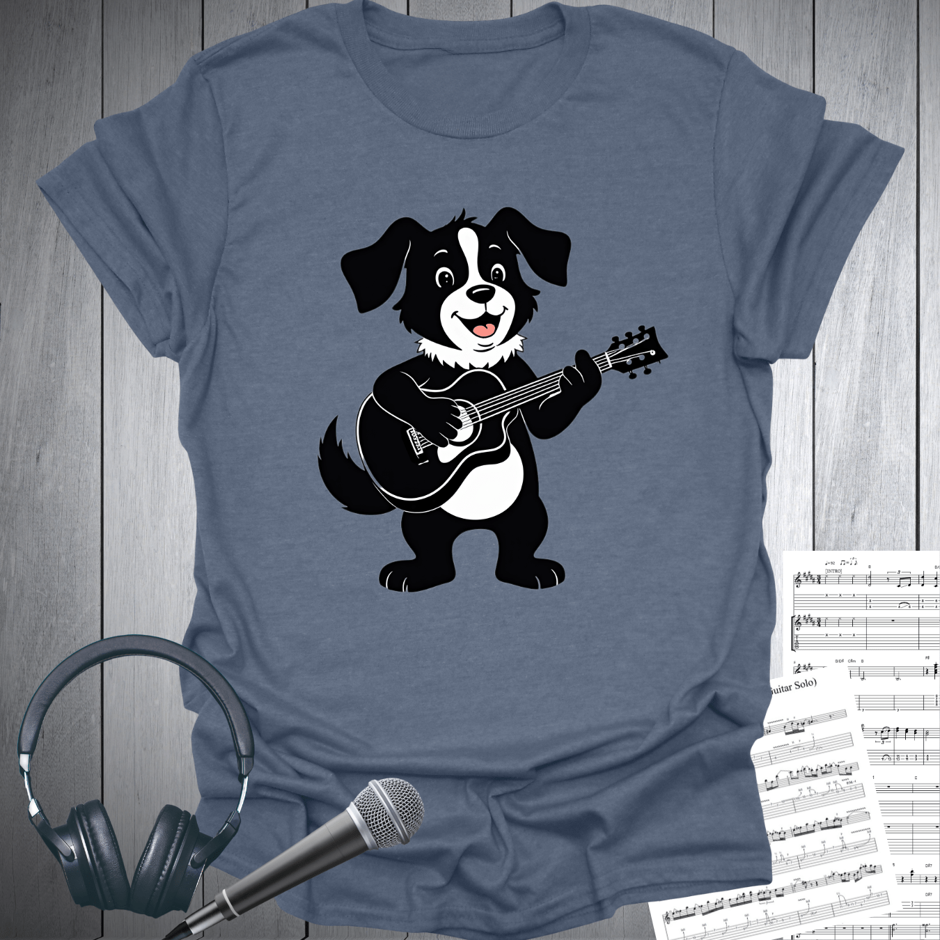 Printify T-Shirt Heather Indigo / S Cute Dog Playing Guitar T-Shirt