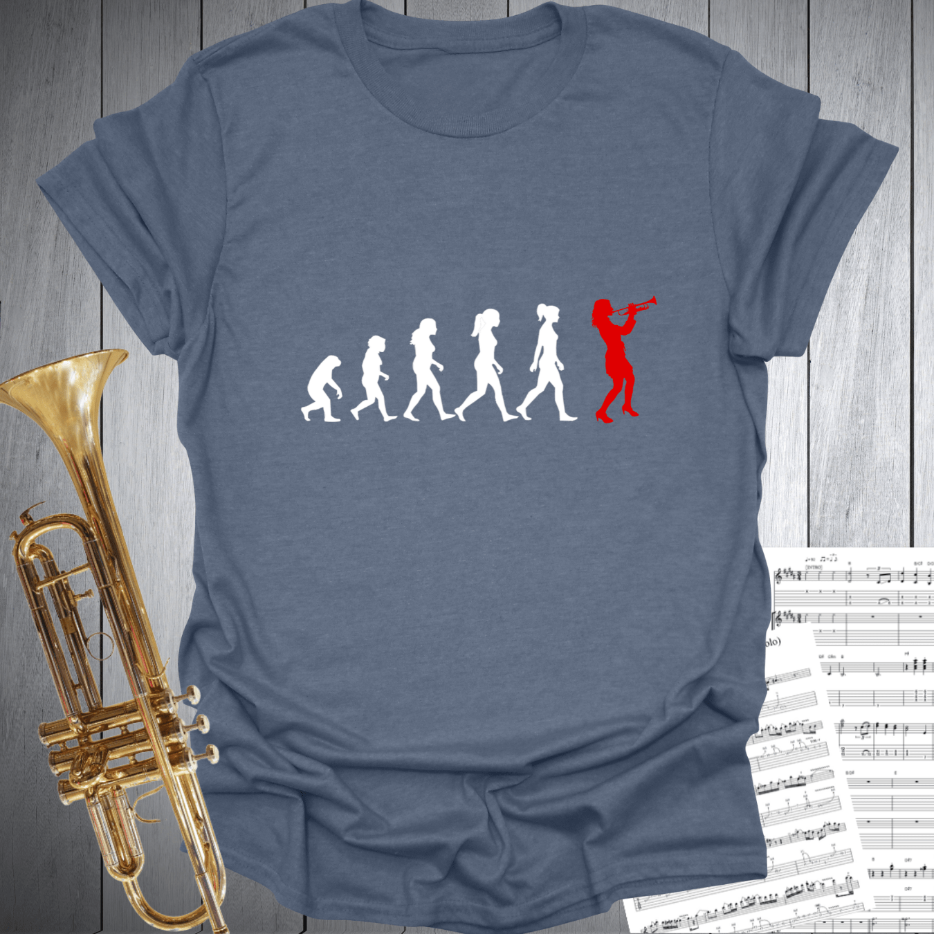 Printify T-Shirt Heather Indigo / S Evolution of a Woman Trumpet Player T-Shirt