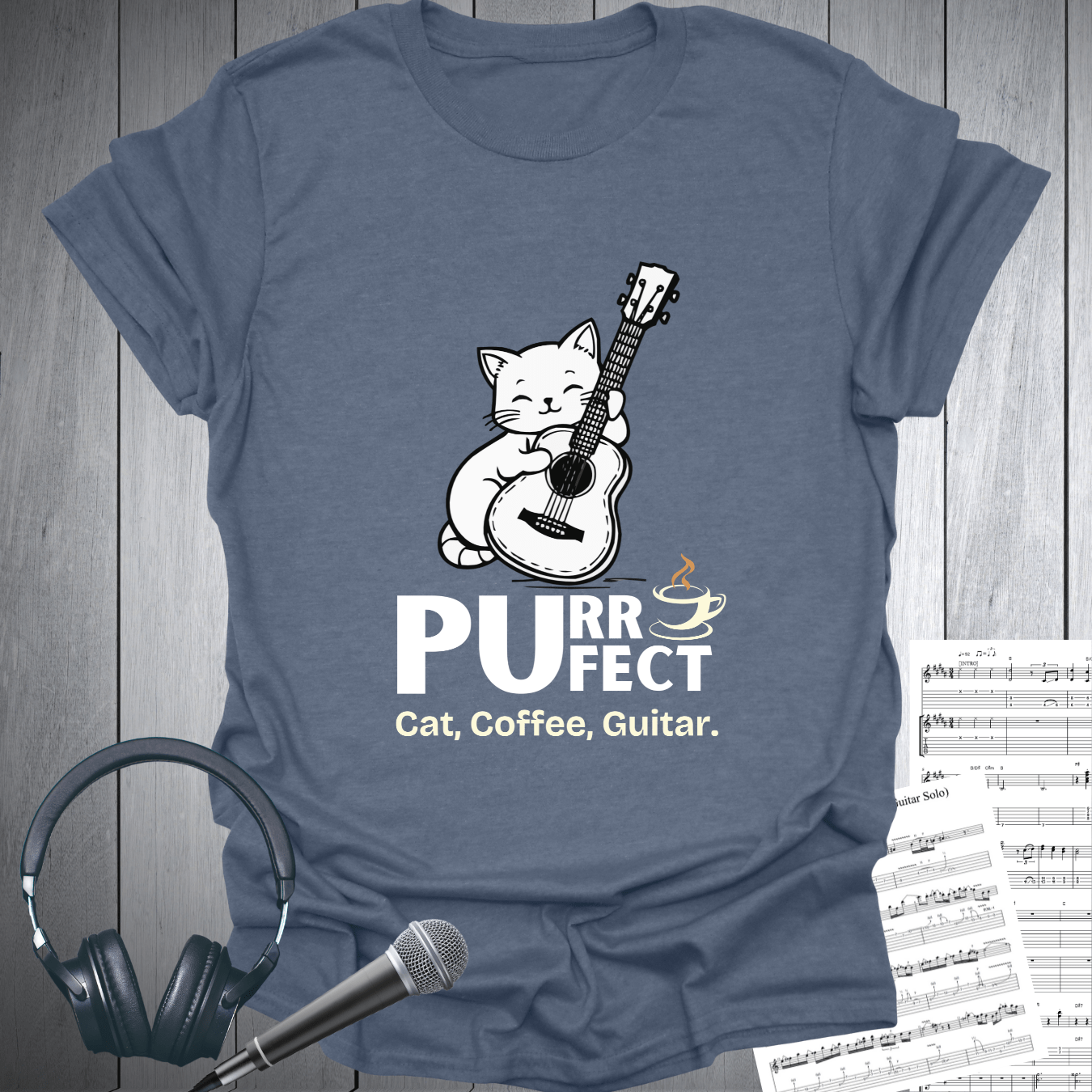 Printify T-Shirt Heather Indigo / S Purr-fect Cat Coffee & Guitar T-Shirt