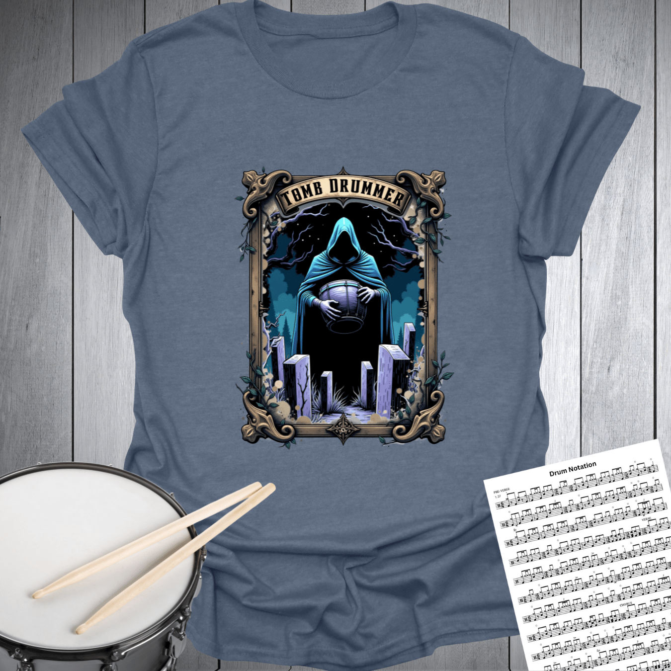Printify T-Shirt Heather Indigo / S Tomb Drummer Music Tarot Card T-Shirt