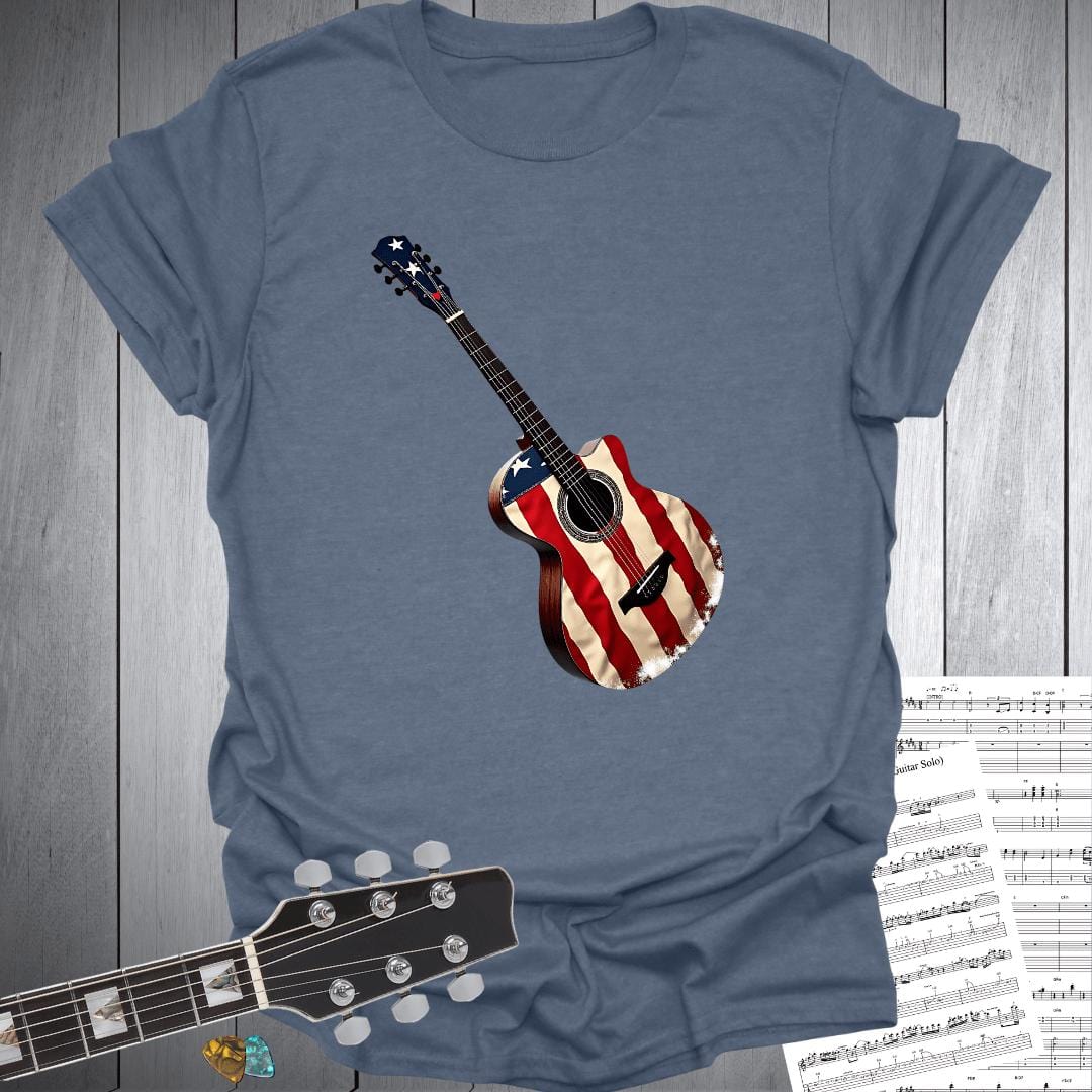 Printify T-Shirt Heather Indigo / S USA Flag Acoustic Guitar T-Shirt