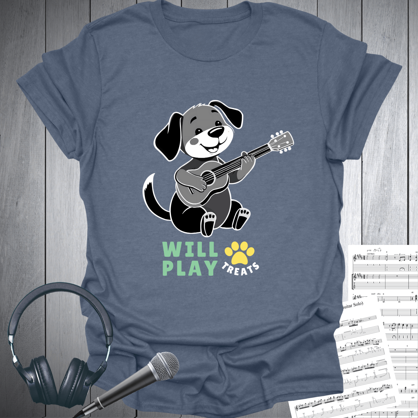 Printify T-Shirt Heather Indigo / S Will Play PAW Treats Dog Lover Guitar T-Shirt