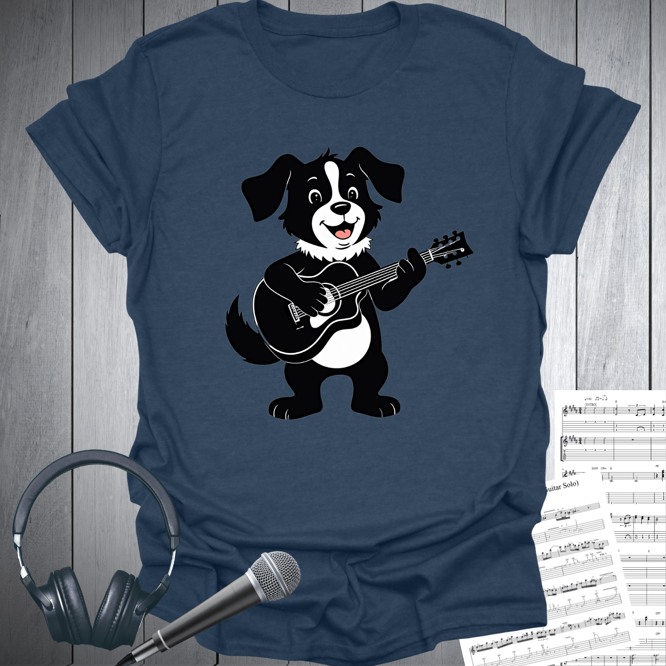 Printify T-Shirt Heather Navy / S Cute Dog Playing Guitar T-Shirt
