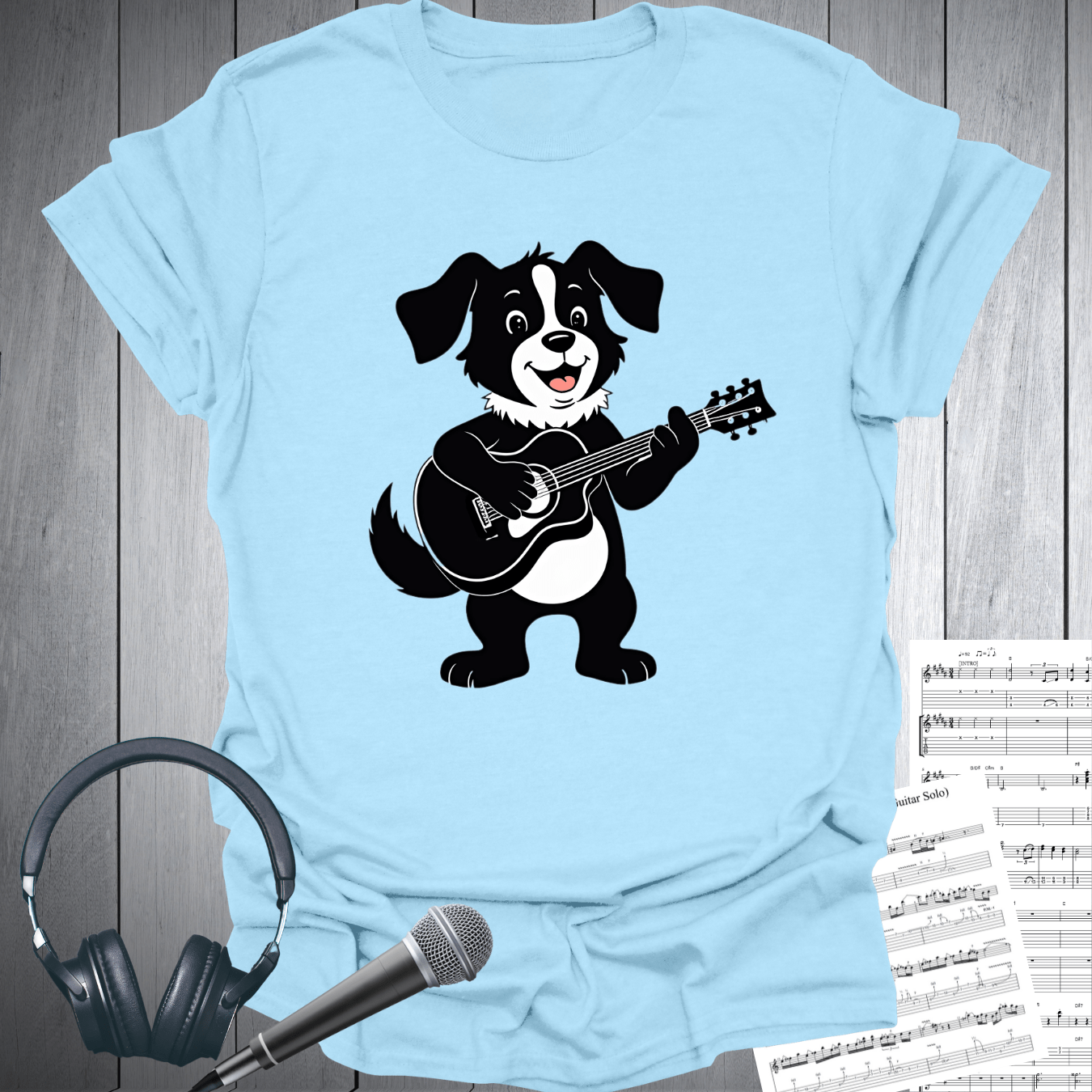 Printify T-Shirt Light Blue / S Cute Dog Playing Guitar T-Shirt