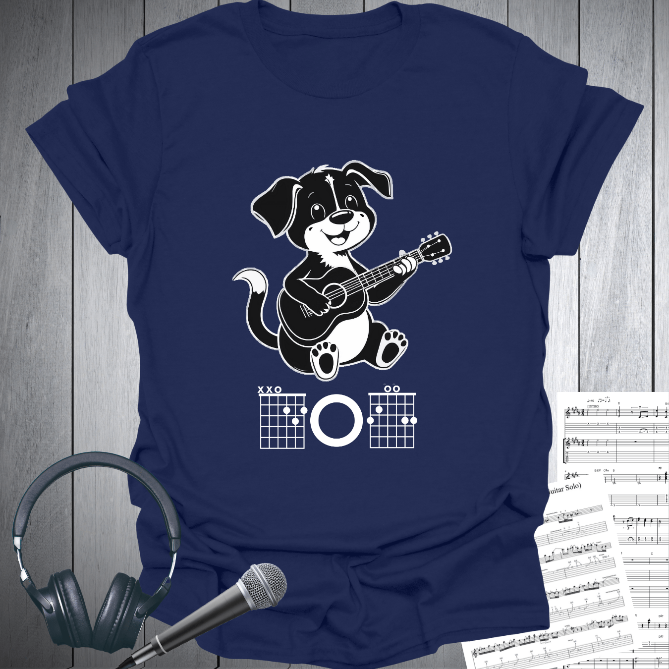 Printify T-Shirt Navy / S Cute Dog Playing Guitar Chords T-Shirt