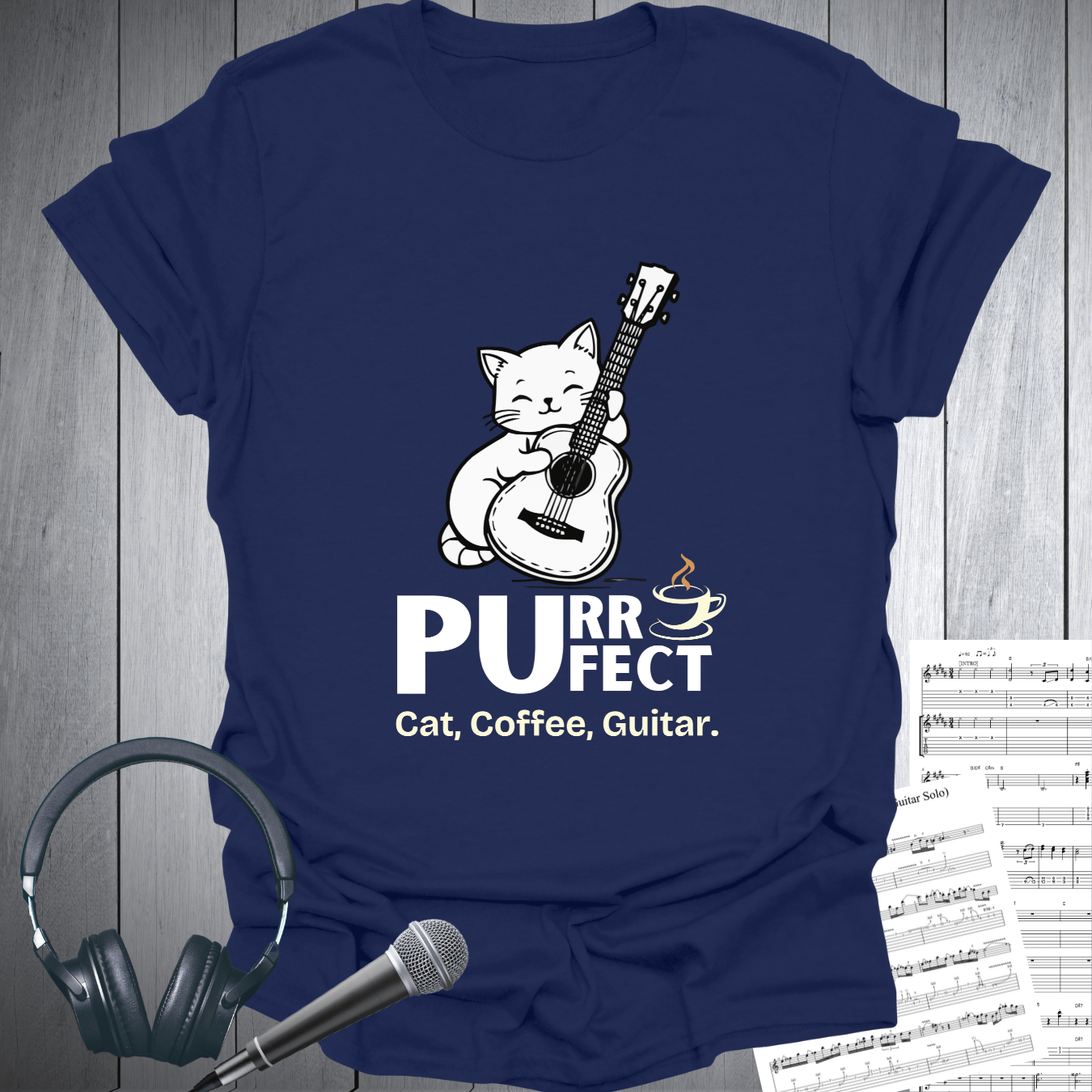Printify T-Shirt Navy / S Purr-fect Cat Coffee & Guitar T-Shirt