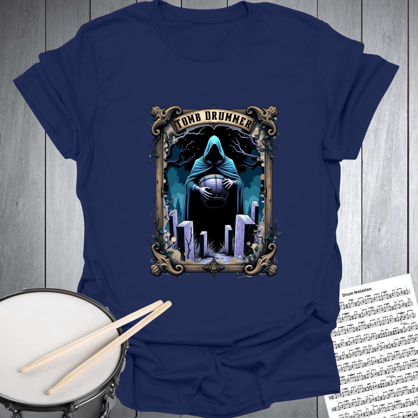 Printify T-Shirt Navy / S Tomb Drummer Music Tarot Card T-Shirt