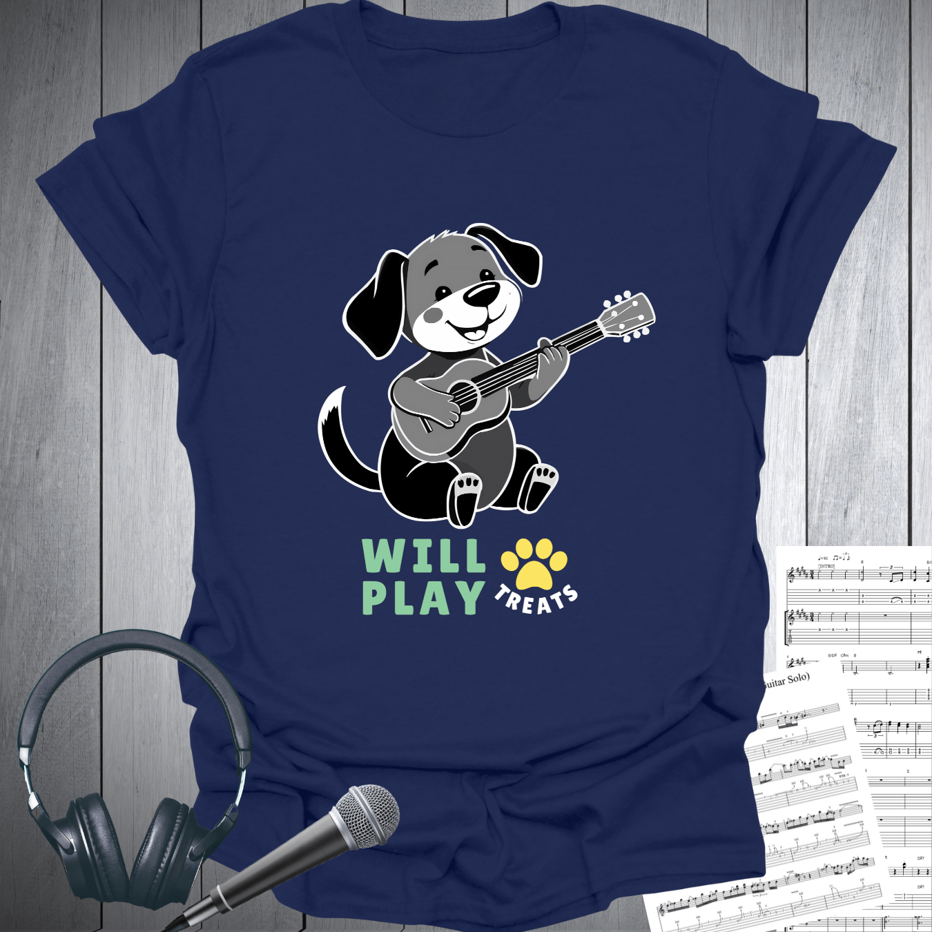 Printify T-Shirt Navy / S Will Play PAW Treats Dog Lover Guitar T-Shirt