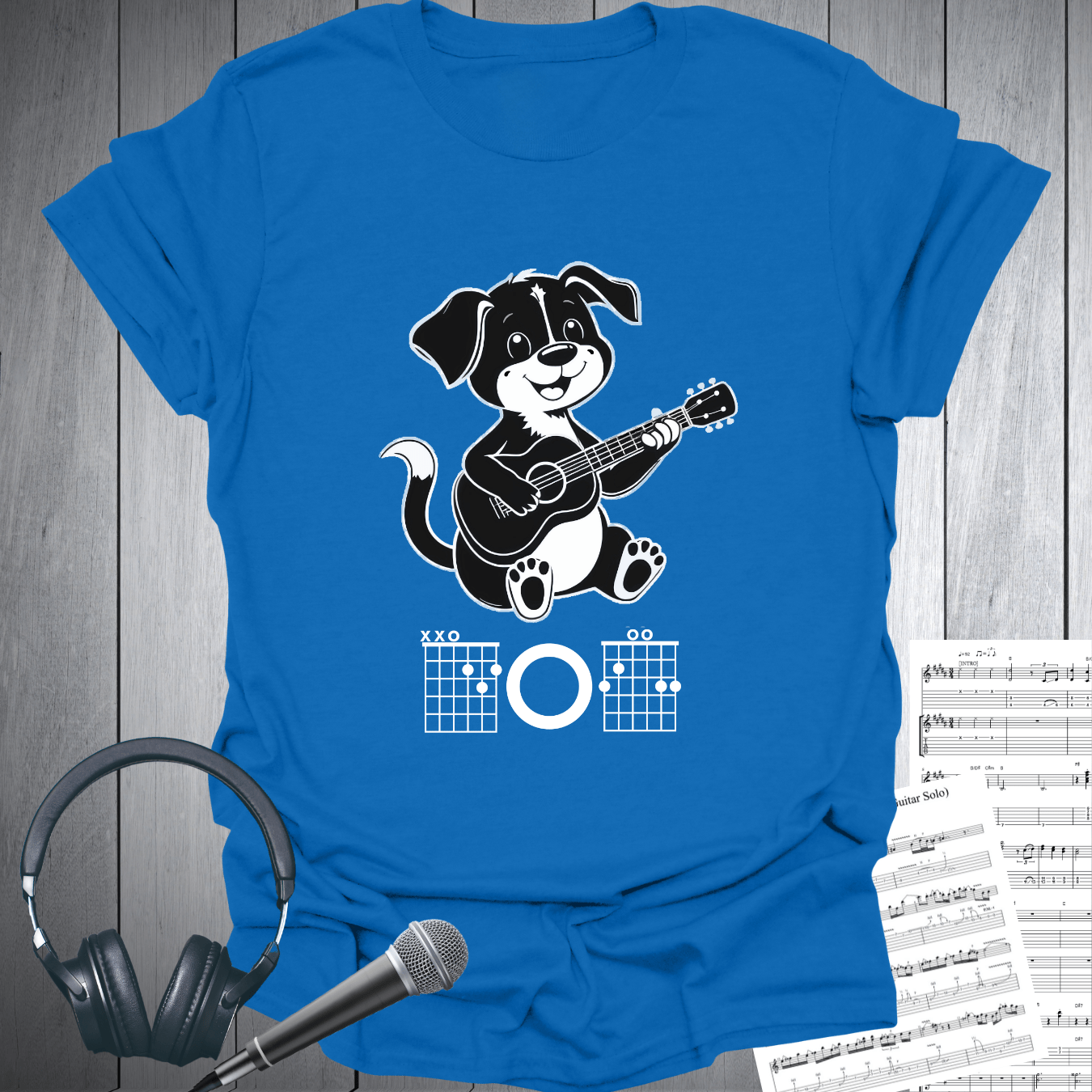 Printify T-Shirt Royal / S Cute Dog Playing Guitar Chords T-Shirt