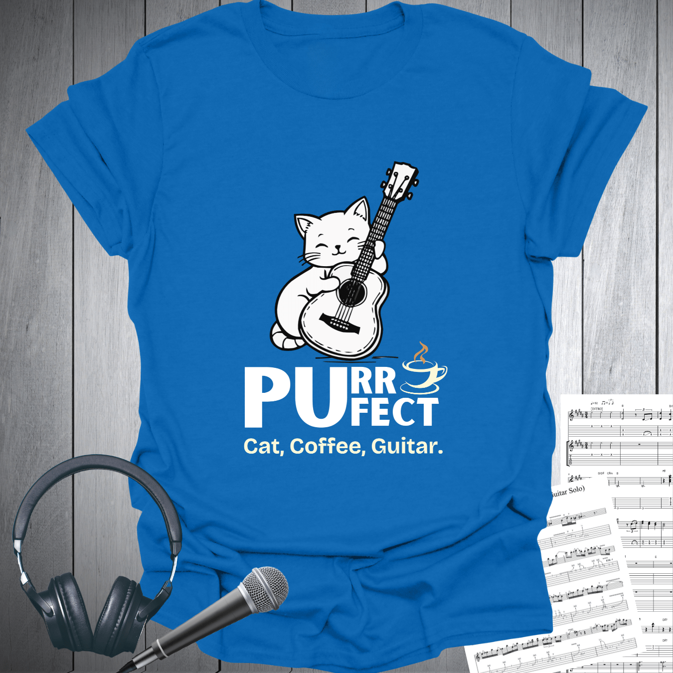 Printify T-Shirt Royal / S Purr-fect Cat Coffee & Guitar T-Shirt