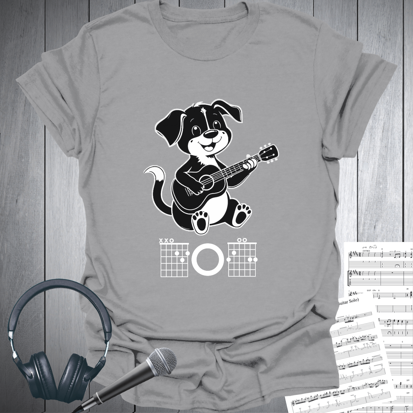 Printify T-Shirt Sport Grey / S Cute Dog Playing Guitar Chords T-Shirt