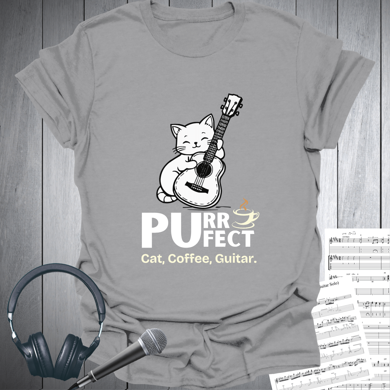 Printify T-Shirt Sport Grey / S Purr-fect Cat Coffee & Guitar T-Shirt